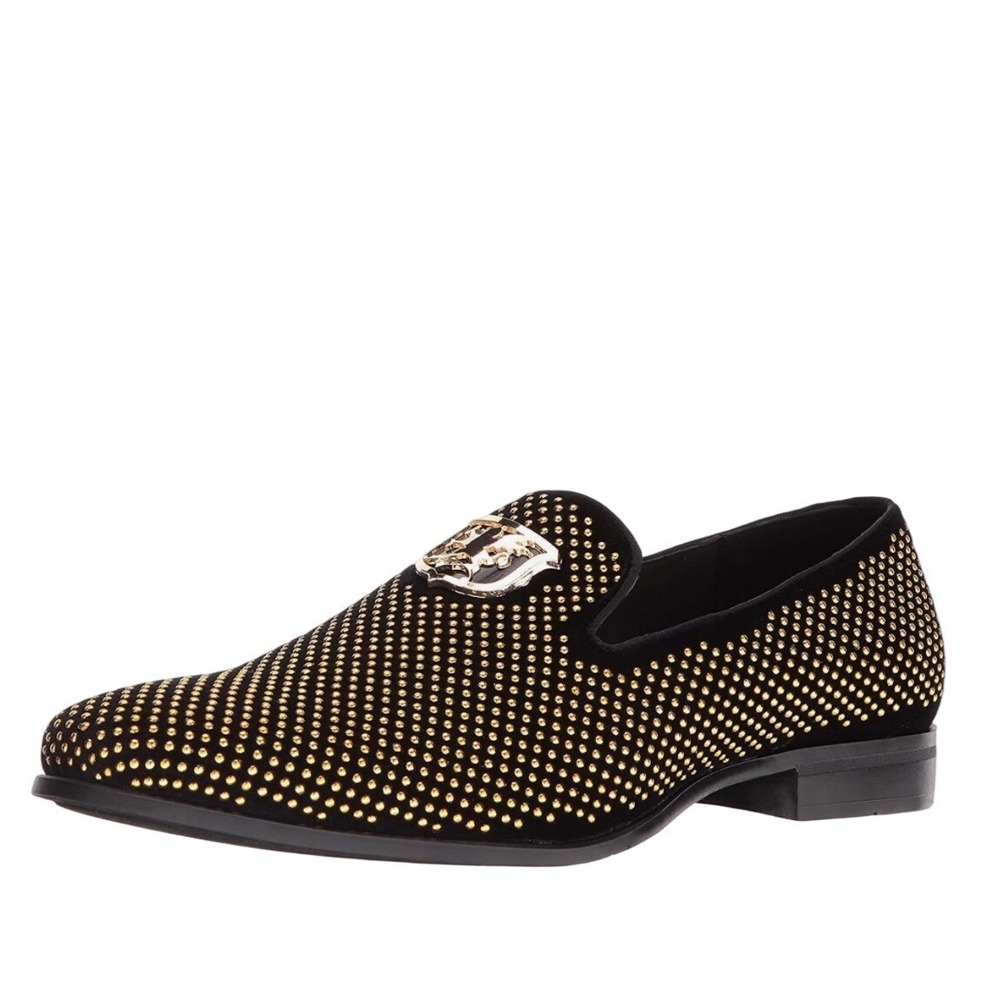 Stacy Adams Mens Black Gold Studded Fabric‎ Crest Loafers Memory Foam 25528-9.5